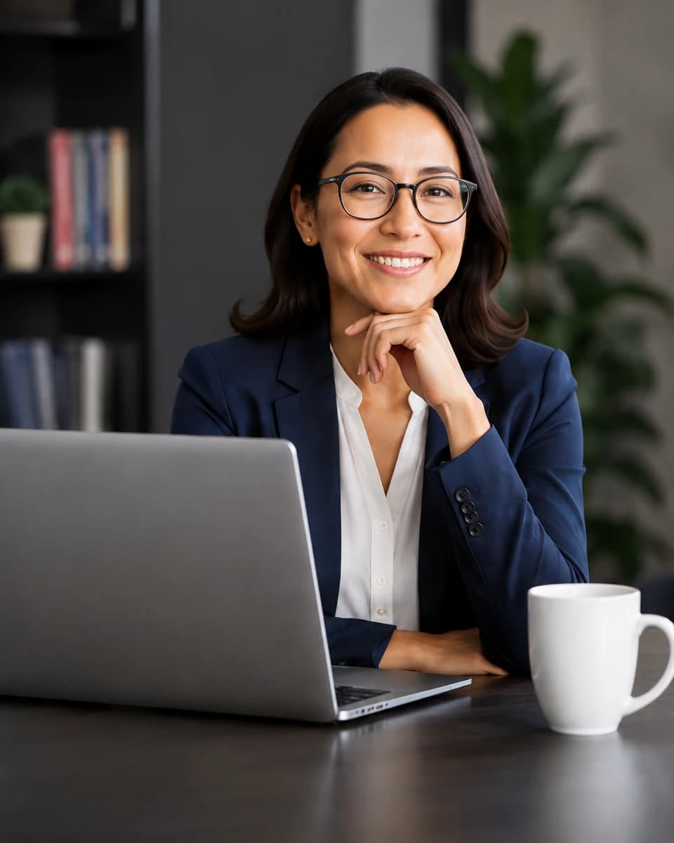 A professional woman in a suit smiling beside her laptop