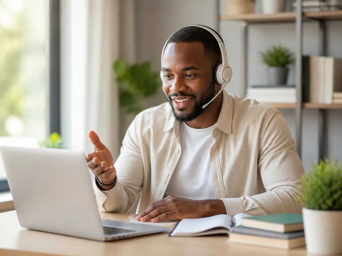 A tutor in a headset teaching an online lesson on his laptop from home