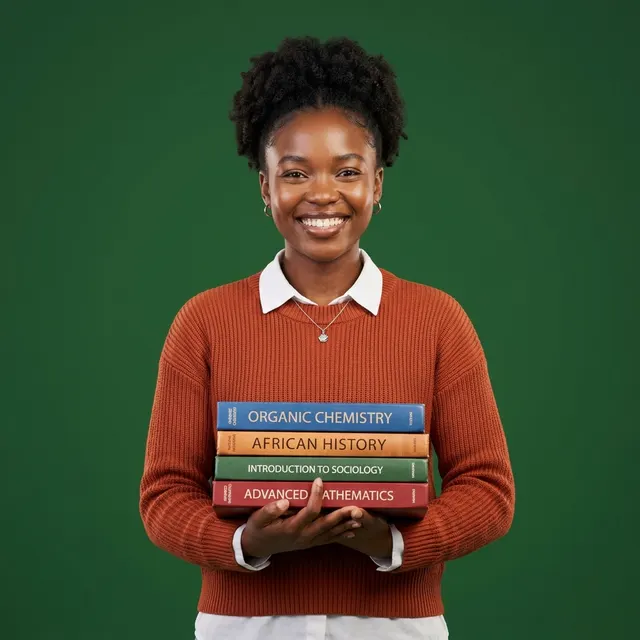 A student revising for an examination with subject textbooks